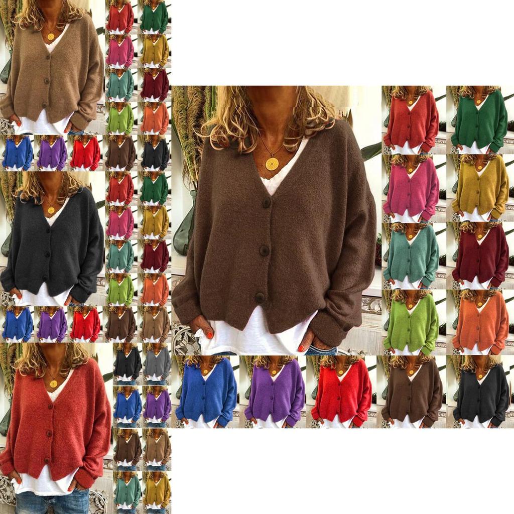 Knitted Womens Plain Coat Cardigan Ladies Button Loose Jumpers Sweater Size Plus