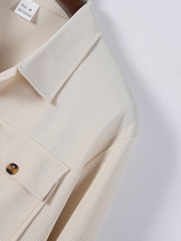 Men's Solid Color Waffle Cardigan with Double Pockets and Buttoned Long Sleeves