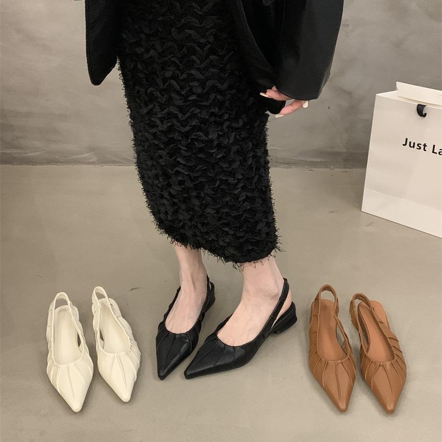 Spring and summer 2024 new thick heel bag head sandals shallow mouth women's shoes rear empty French with skirt temperament pointed single shoes