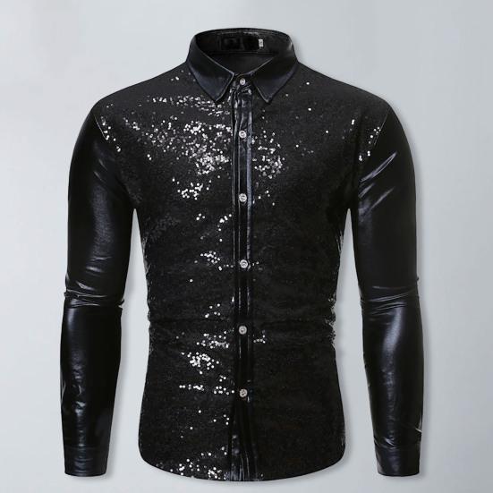 Однобортная облегающая сценическая рубашка с длинными рукавами и лацканами, Мужская рубашка с блестящими пайетками, рубашка для сценического шоу, уличная одежда