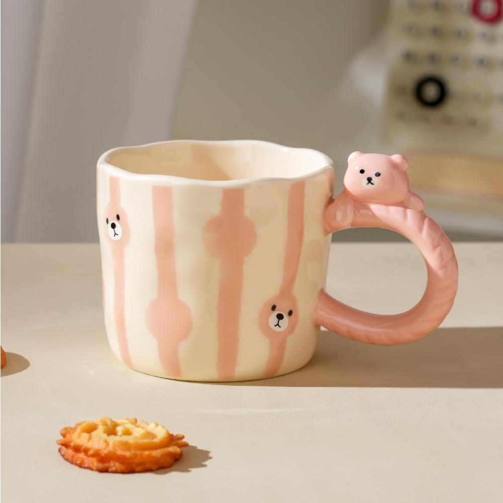Cartoon Bear Embossed Ceramic Cup with Handle Single Cup Cute Girl Office Drinking Mug High Temperature Resistant Gift Cup