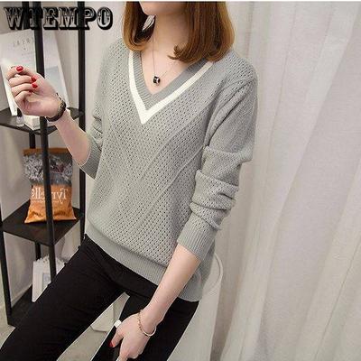 Женский пуловер с V-образным вырезом, вязаный свитер, топ, свободный, с длинными рукавами, ажурный свитер, базовая рубашка