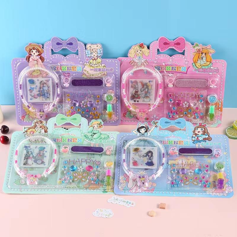 Kids Stickers Nail Polish Makeup Kit Girls Princess Dress Up Stickers Necklace Ring Set Children'S Play House Toys Gifts