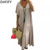 Women's Fashion Summer Spring Solid Color Print Short Sleeve V-Neck Loose Waistline Casual Dresses