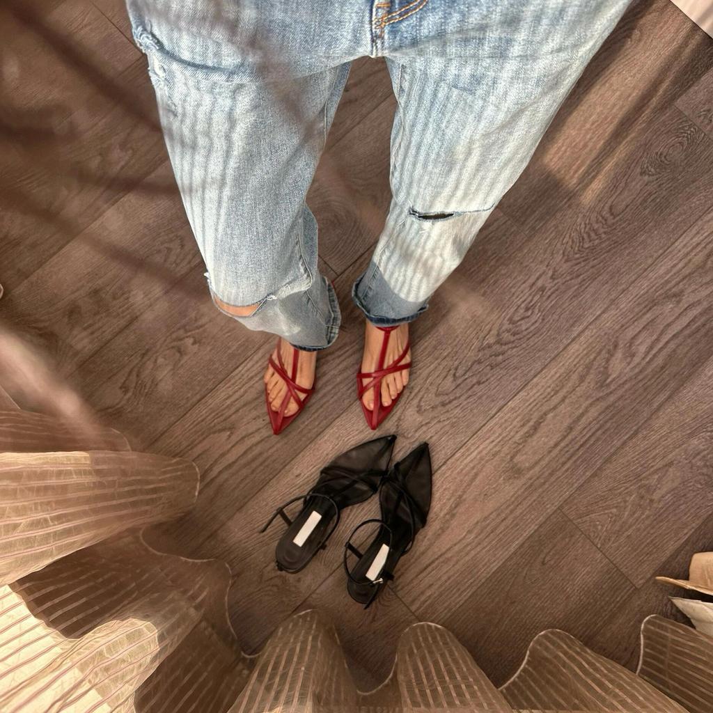 Sheepskin Version~ Niche Leather Pointed Toe Wedge Sandals Cross Cross with Open Toe Design Medium Heel Cool Slippers Women