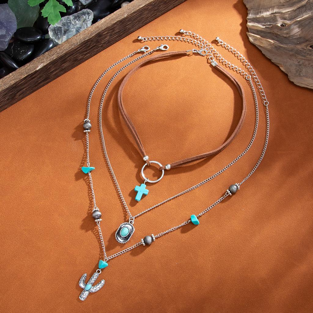 Ethnic Style Women Leaf Choker Woven Rope Leather Tassel Turquoise Stone Pendant Necklace Feather Retro Bohemian Necklaces