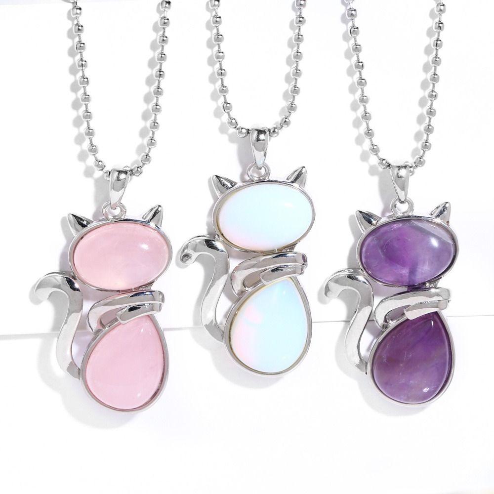 Pink Purple Stone Pendant Cute Shape Cat Jewelry Necklaces Daily Wear Cat Necklaces  Women Girl