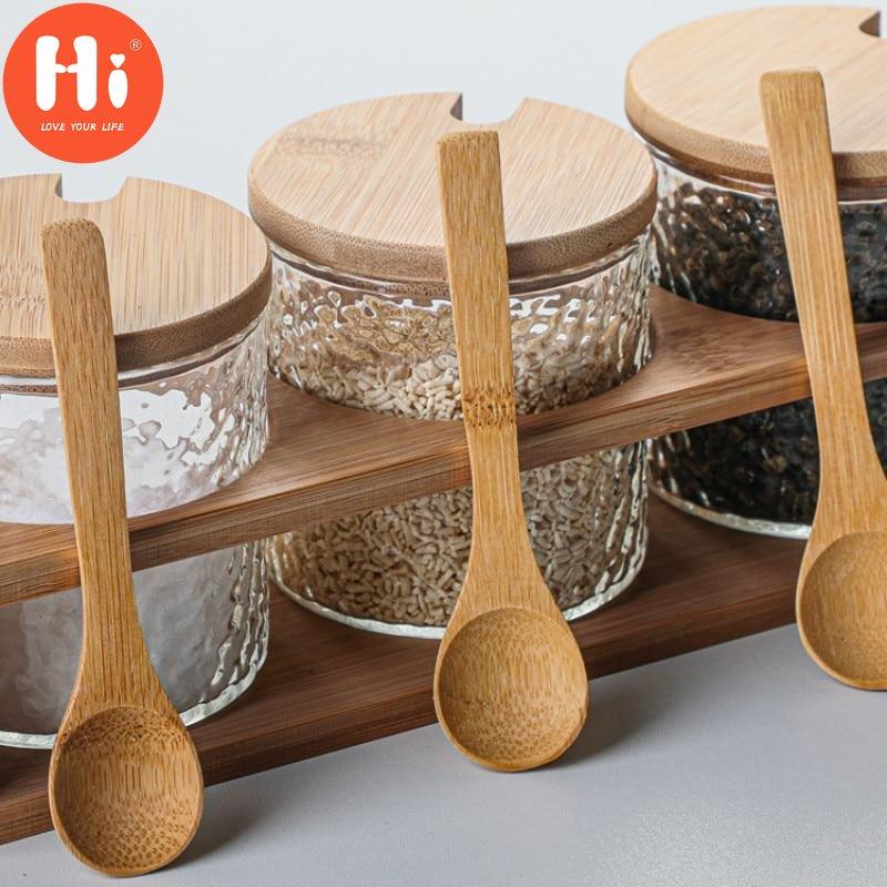 Привет японский кованый стеклянный набор баночек для специй с бамбуковой полкой, коробка для приправ, кухонные инструменты, солонка, бутылка для хранения сахара