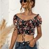 Летний женский сексуальный укороченный топ с цветочным принтом, тонкая футболка с открытой спиной и коротким рукавом
