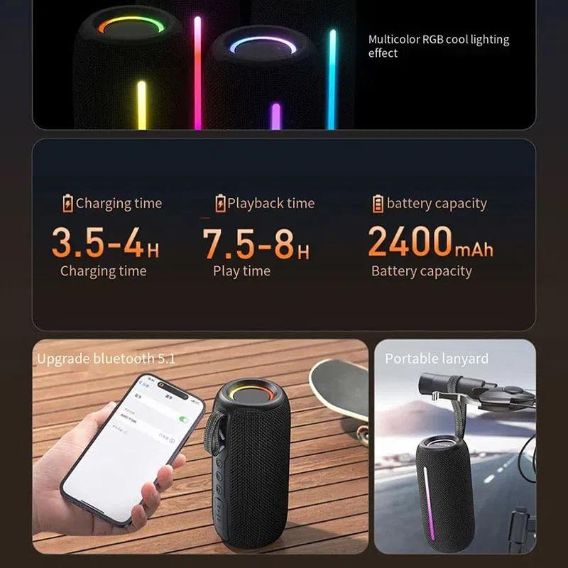 2400mAh Bluetooth Speaker LED Flashing Soundbar Portable Outdoor Sound Box Waterproof Loudspeaker Support TF Card