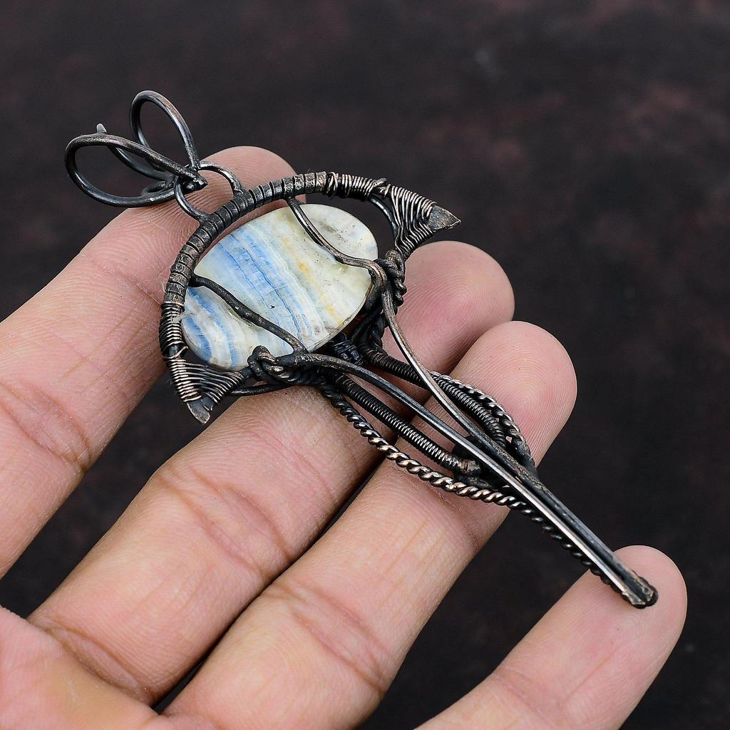 Голубой шеелитовый кулон, обернутый медной проволокой, красивое медное украшение, кулон с настоящим драгоценным камнем, ручная работа, обернутая проволокой, подарок для мамы