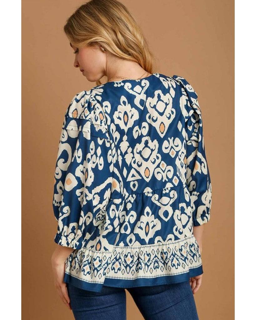 Azura Exchange Синяя блузка свободного кроя с геометрическим узором и рукавами 3/4