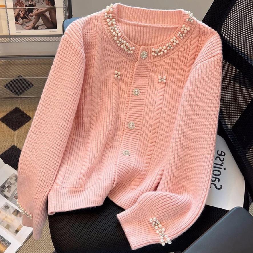 Xiaoxiangfeng Heavy Industry Beaded Gray Sweater Cardigan Knitted Jacket Women's Design Niche Short Temperament Top Multi-color