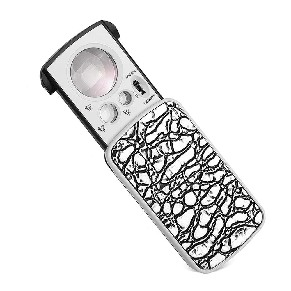 Jewelry Loupe Magnifier With LED UV Light 30X 60X 90X Jewelers Eye Magnifying Glass Fold For Gems Stamps Coins Watches Antiques