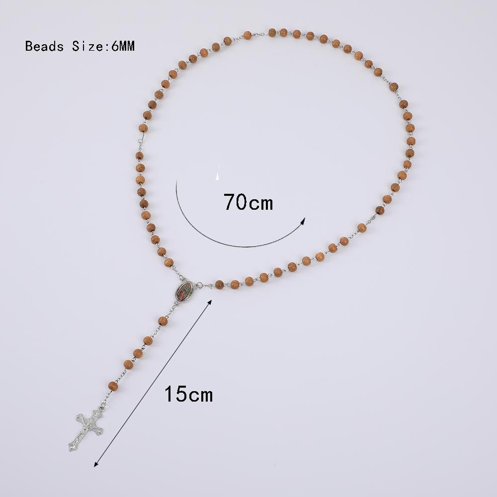 Wood Rosary Necklace For Women 6MM Wooden Prayer Beads Long Chain Religious Virgin Mary Cross Pendant Men Party Jewelry Gift