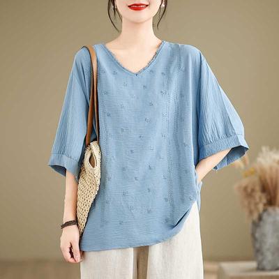Летняя вышитая футболка из рами, свободная футболка с короткими рукавами из льна и хлопка с конопли, женская универсальная футболка