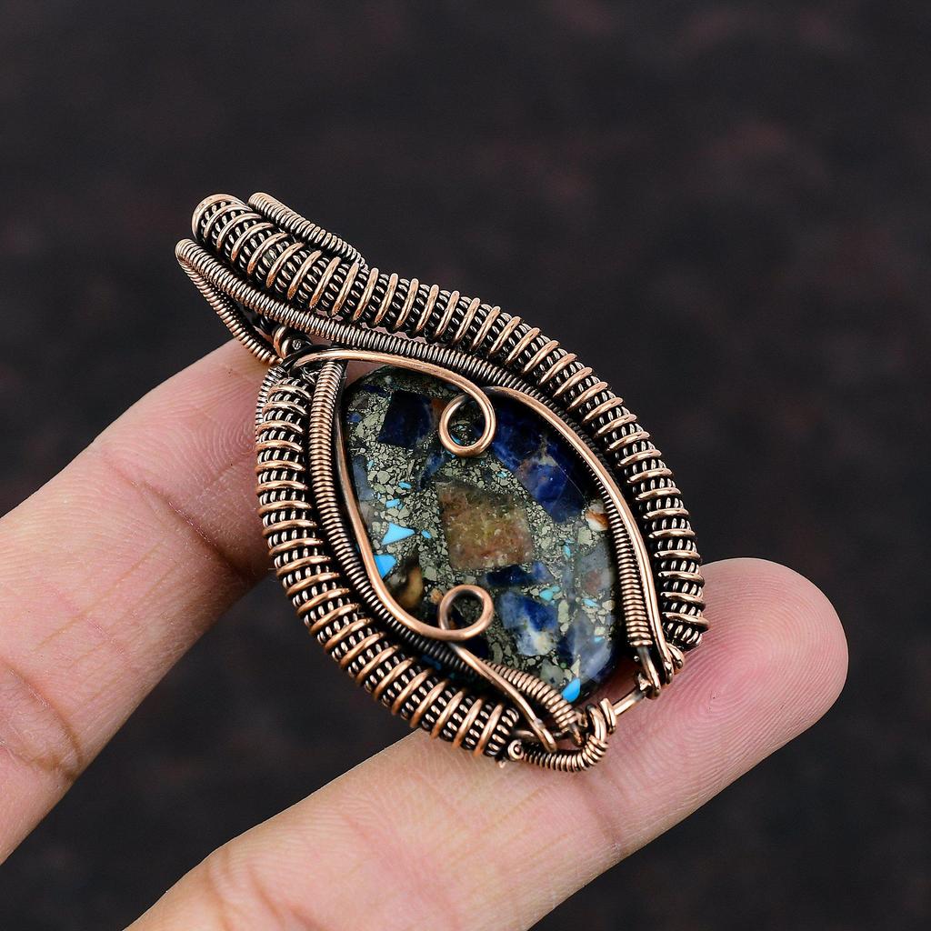 Медный кулон содалит, медная проволока, обернутая кулоном, драгоценный камень, медные украшения, ручная работа, достойный кулон, обернутый проволокой, подарок на помолвку