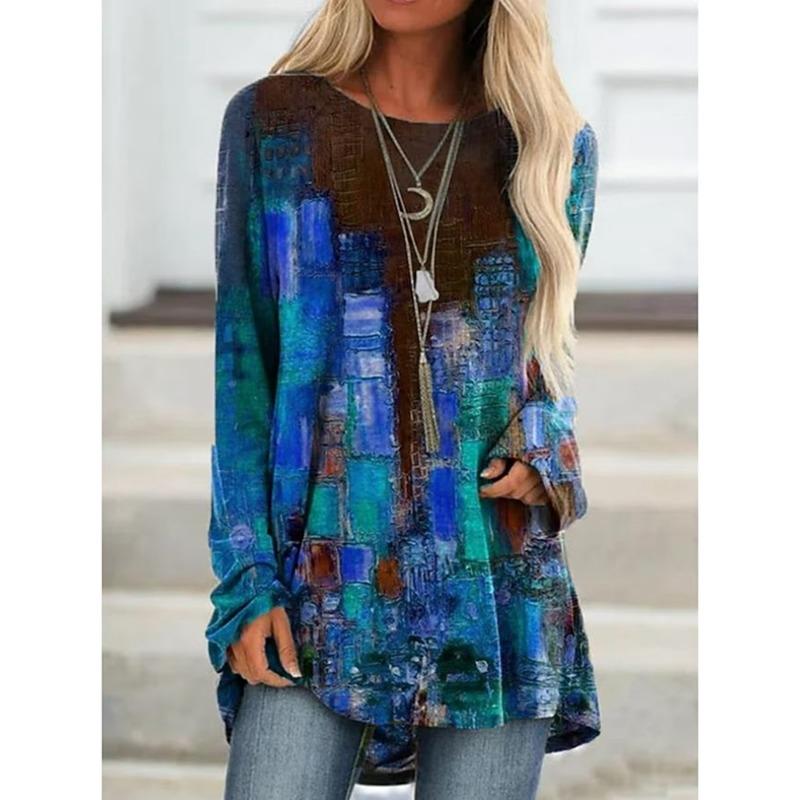 Зимняя футболка с длинным рукавом, модная женская одежда, футболка с круглым вырезом и длинным рукавом, трендовый топ с принтом, осенняя свободная футболка