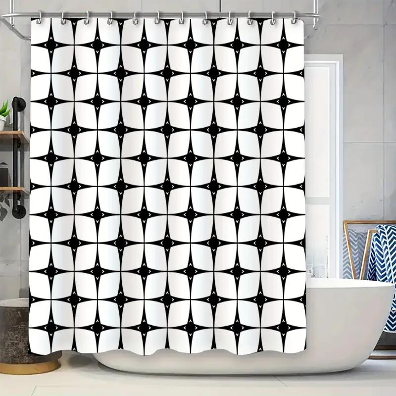 Black White Diamond Pattern Shower Curtain Water-Resistant Fabric Bath Decor Waterproof Privacy Screen 72x84in (180cm x 213cm)