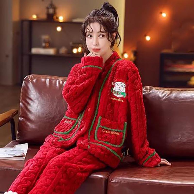 Autumn Winter Christmas V Neck Flannel Pajamas Thickened Women's Home Set