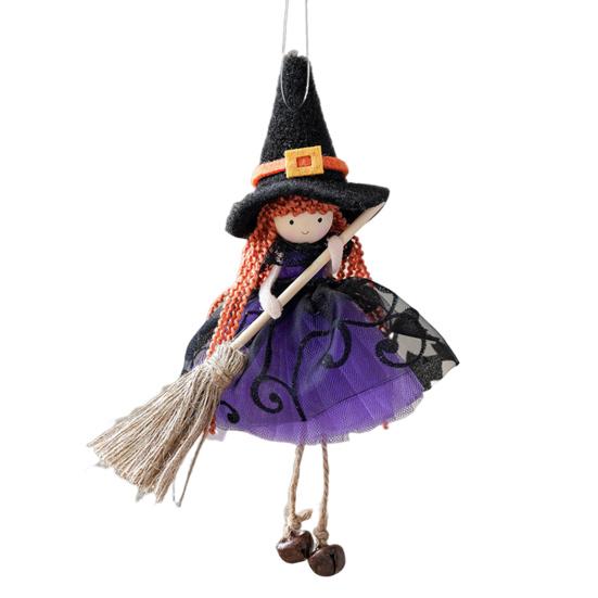 Halloween Witch Doll Decor with Broom Small Witch Figurine with Gauze Skirt Kitchen Hanging Witch Ornament for Room Door Window Halloween Decor