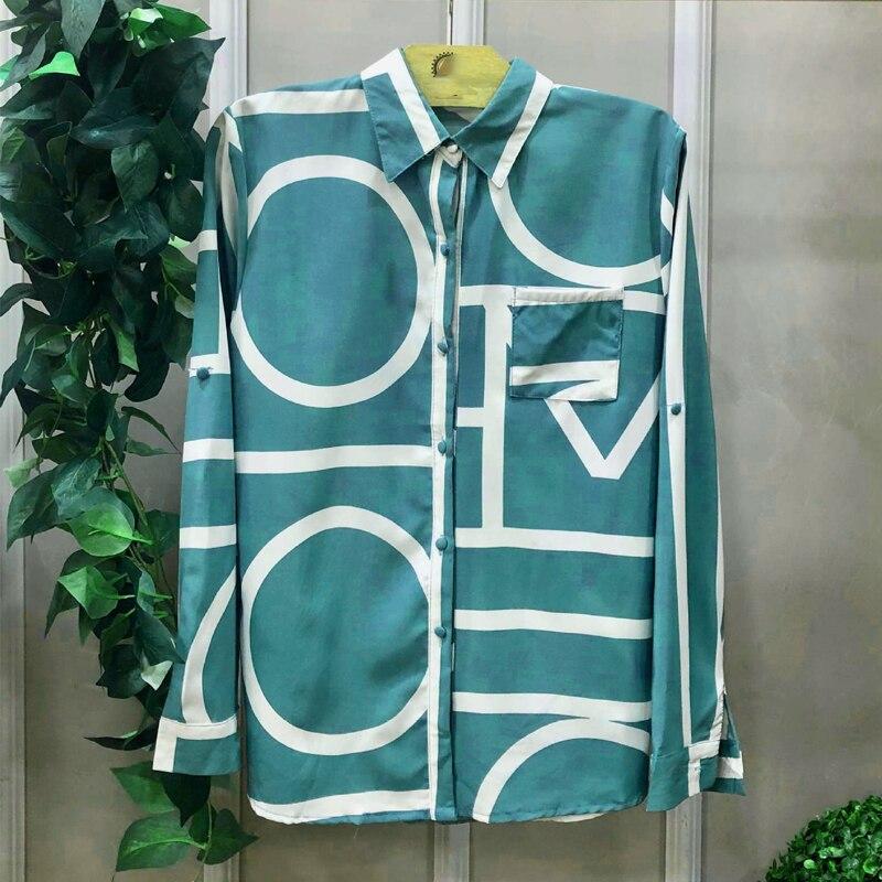 Spring Pocket Office Lady Blouse Elegant Turn Down Collar Print Shirts Women Clothes Fashion Button Long Sleeve Tops Clothing 25576