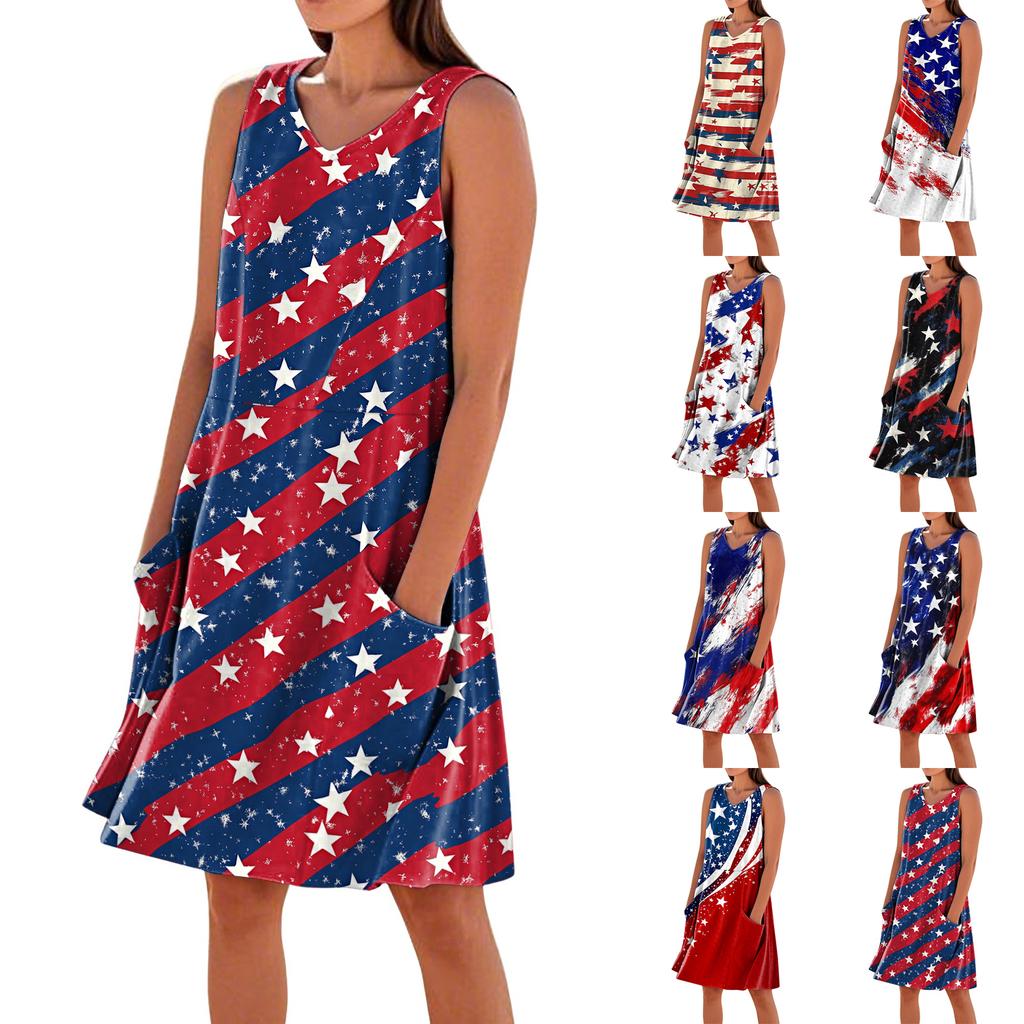 Flag Dress Sleeveless Summer Casual Loose Fit Patriotic Dress for Women Comfortable 4Th Of July Dresses for Women with Print