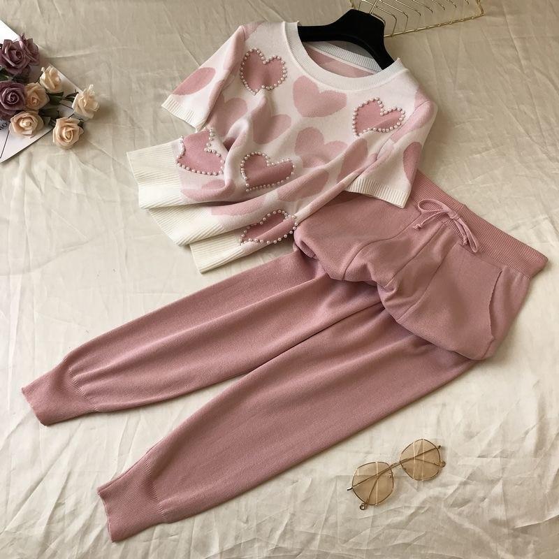 Korean Summer Printed Knitted 2 Peice Set Women Short Sleeve Beading Sweater Female Tops+Pants Suit Casual Tracksuit