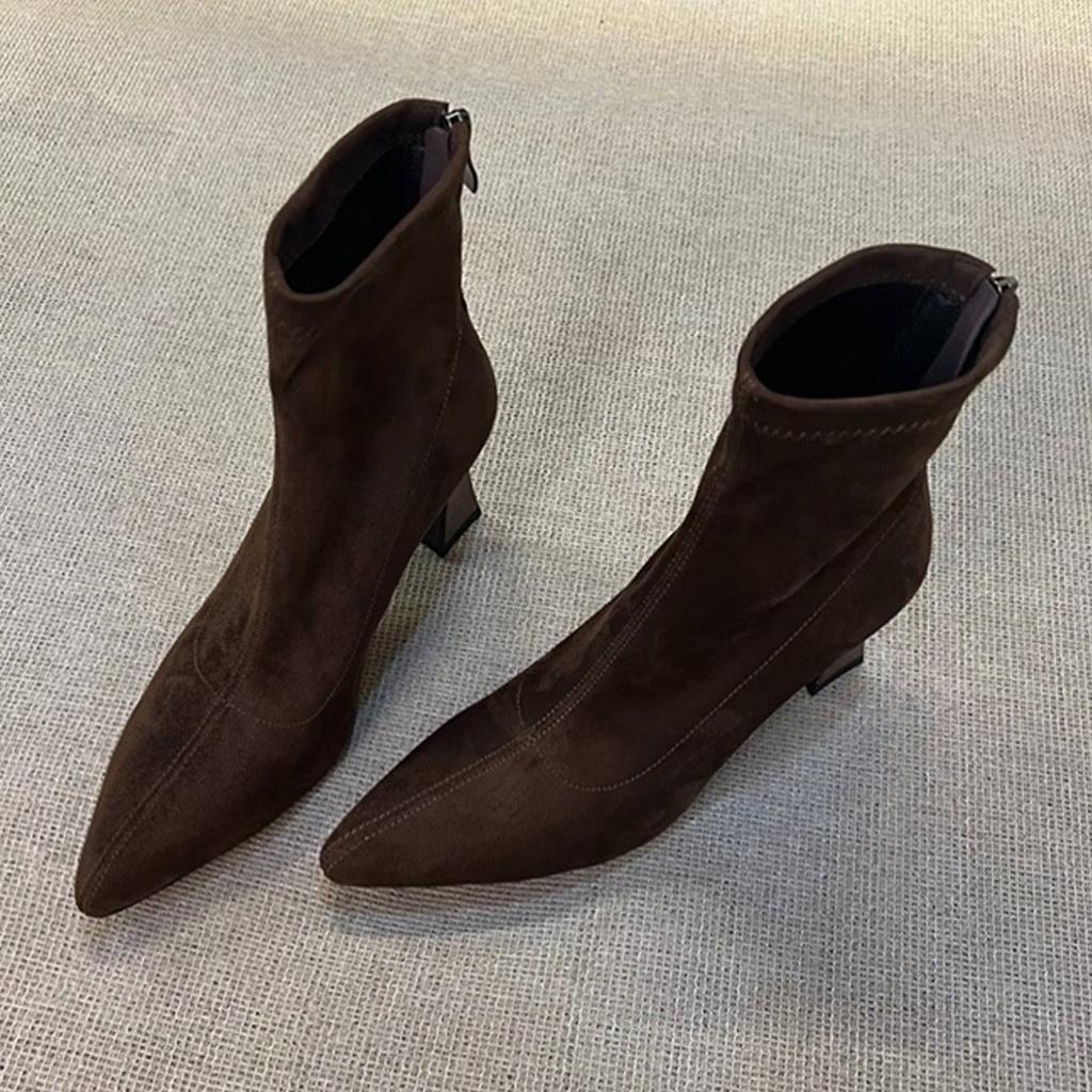 Sheepskin~ French Pointed Short Boots Femininity Maillard Boots High Heels Not Tired Feet Small Ankle Boots Western Thin Boots