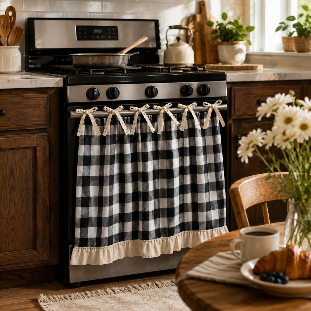 Ruffle Trim Bow Tie Oven Cover Curtain Coffee Machine Half Curtain Farmhouse Kitchen