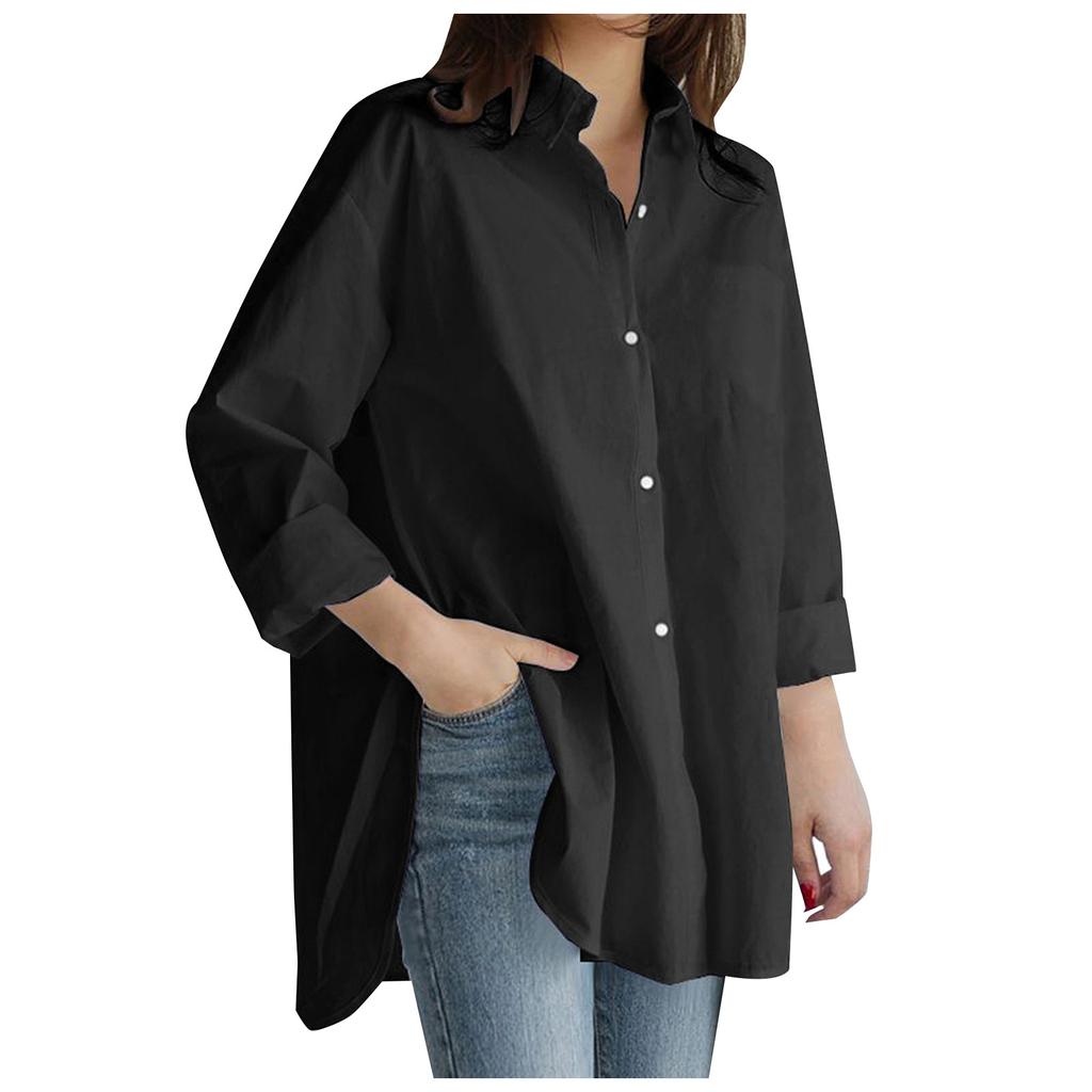 Women's  Casual Fashion Solid Color Single-breasted Lapel  Stitching Long-sleeved Loose Shirt