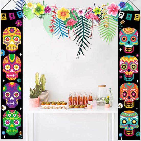 1 Pair Halloween Banner Spooky Skull Pattern Halloween Door Couplets Festival Flag for Home Party Decoration