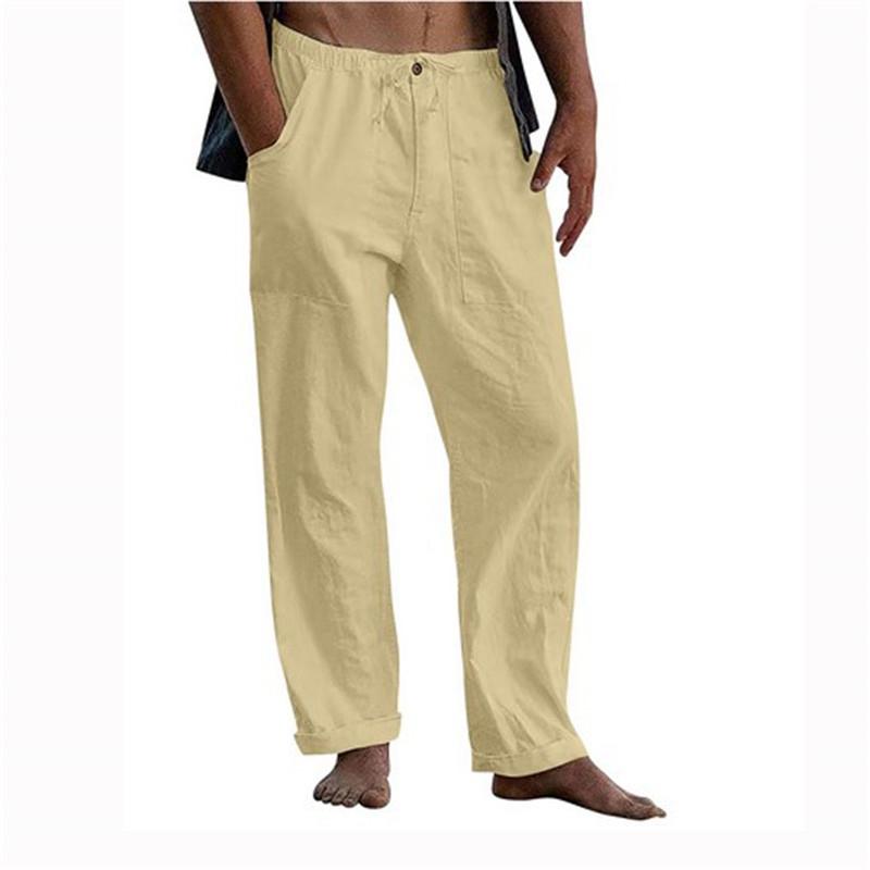 Мужские летние пляжные удобные дышащие свободные хлопковые льняные брюки для йоги, эластичные брюки на шнурке