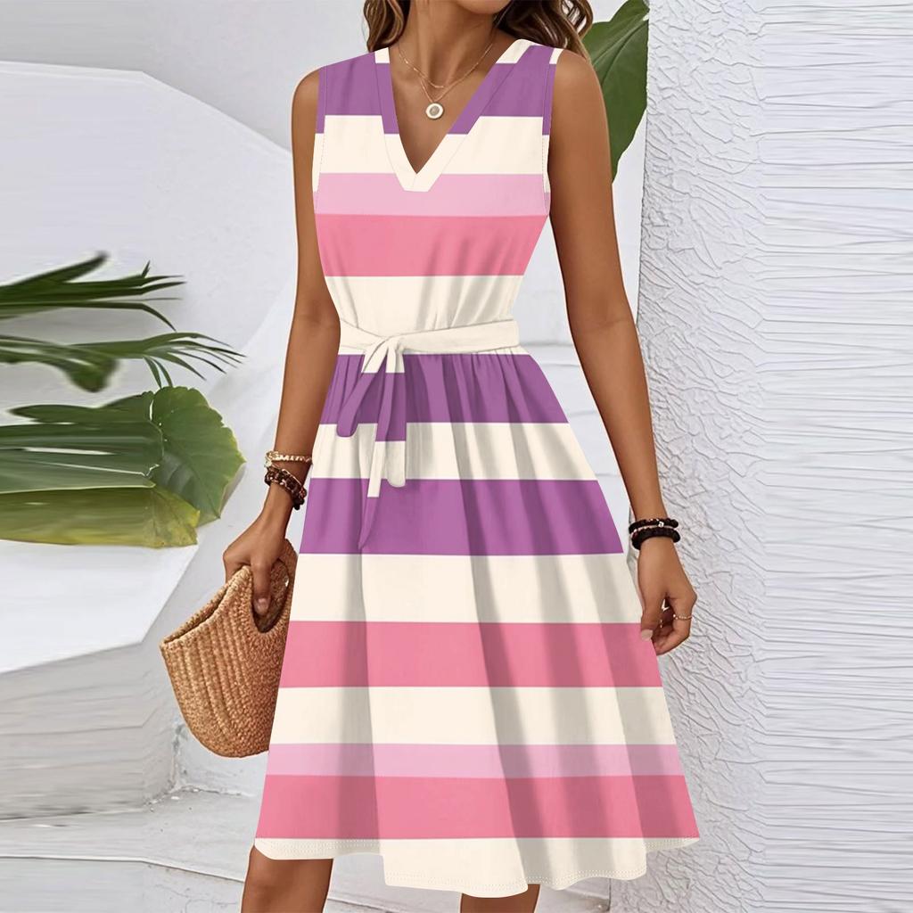 Женское летнее модное свободное платье с V-образным вырезом, без рукавов, на шнуровке, в полоску