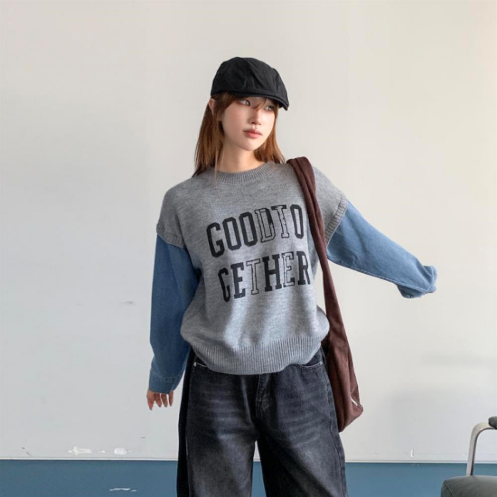 New Arrivals Open Run Women Oversized Denim Sleeve Round Neck Long Sleeve Knit