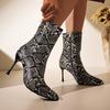 European and American Sexy Color Block Boots Pointed Toe Stiletto Heel Women's Boots Side Zipper Snake Pattern