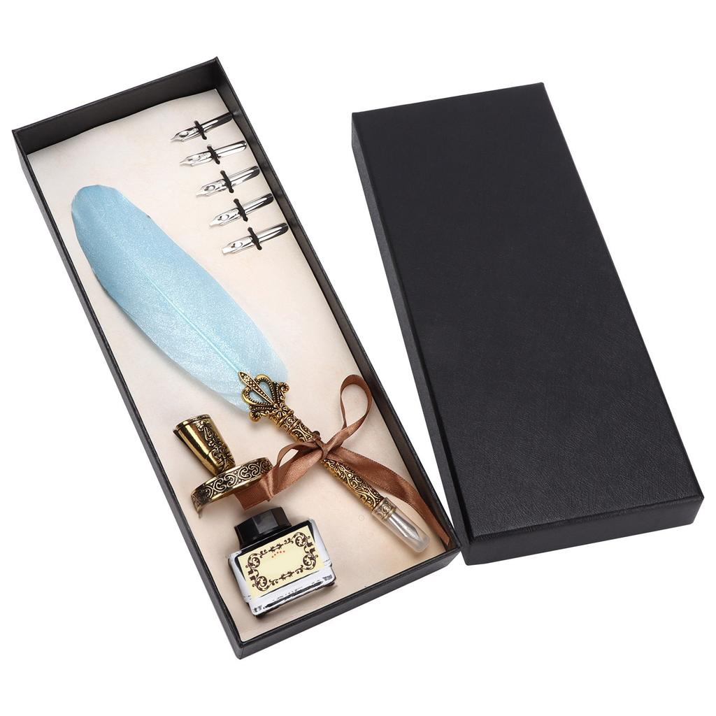 Feather Pen Set Vintage Ink Carved Metal Pen Writing Suit for Business Gift Table DecorationSky