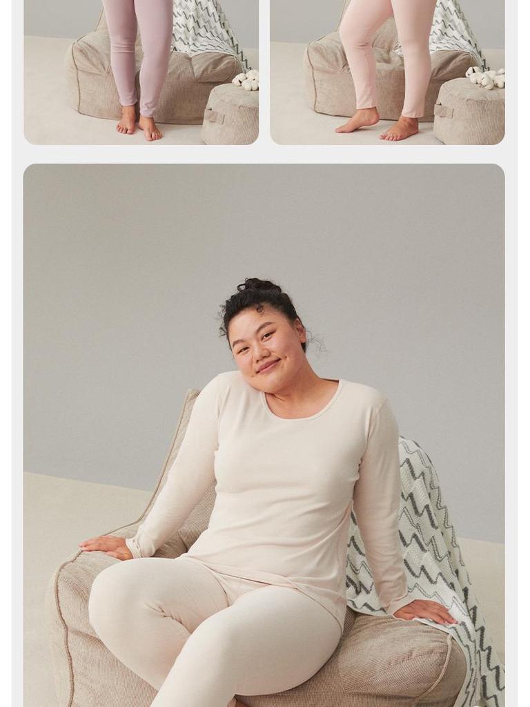 Женский комплект термобелья большого размера из двухсторонней фланели - Чистый хлопок, Толстый базовый слой с круглым вырезом для осени и зимы