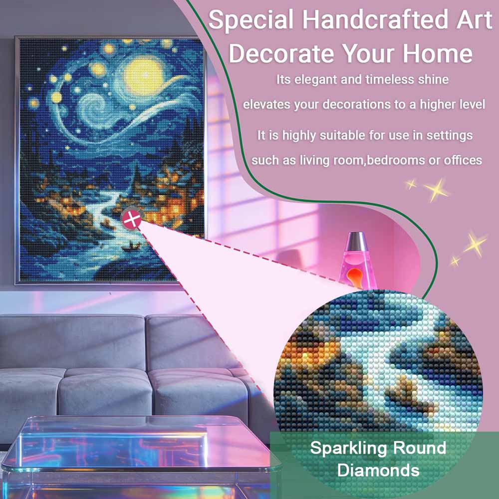 Starry Night Landscape Diamond Painting Kit. DIY Diamond Art. Handmade Gift for Friends and Family. Home Decor Artwork (Full Round Drills)