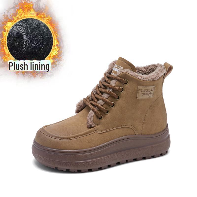 Женские нескользящие ботинки из овчины для снега осень/зима 2024 года: Теплые, толстые бархатные, ретро-хлопковые, короткие меховые сапоги на толстой подошве