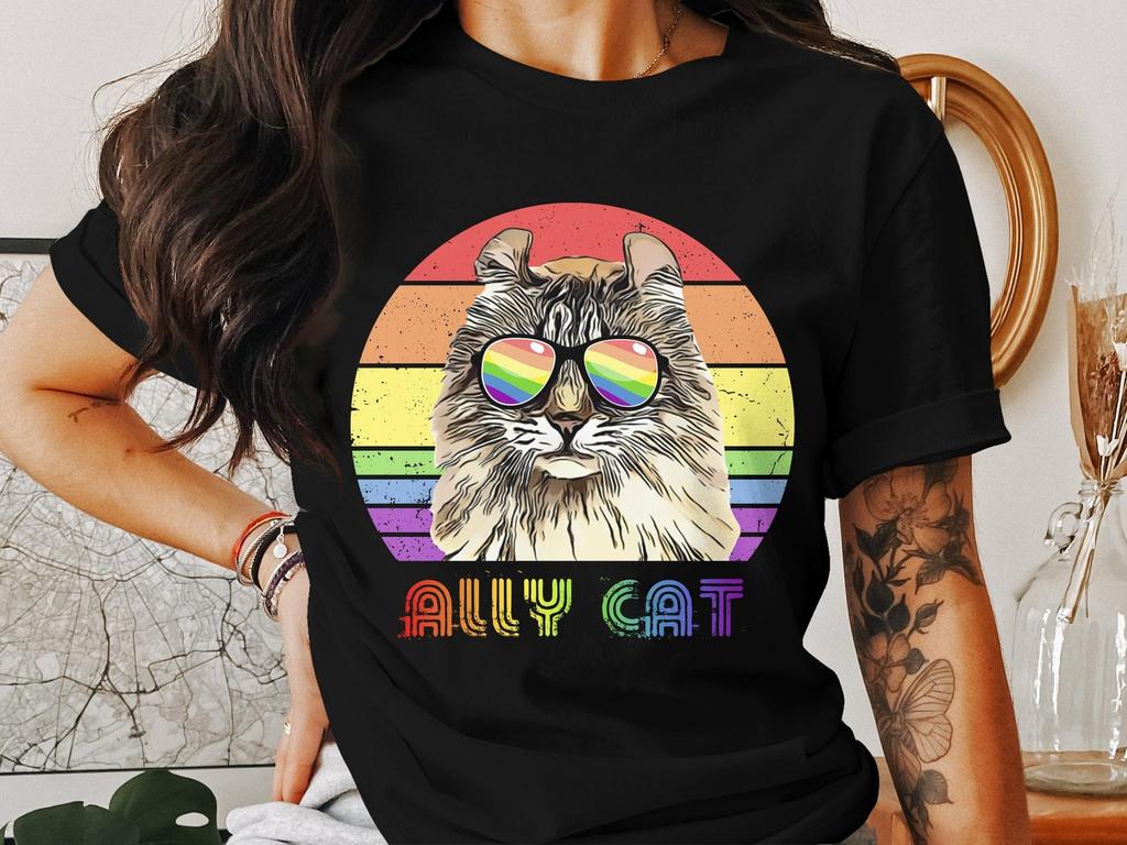 Colorful Ally Cat Shirt, Rainbow Pride Cat T-Shirt, Cool Cat Lover Gift, Unisex Graphic Tee, Hipster Cat with Sunglasses Apparel
