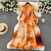 French Senior Temperament Luxury Dress Ladies 2024 Newest O-Neck Ruched Print Tie Dye Design Fashion Chic Long Dress