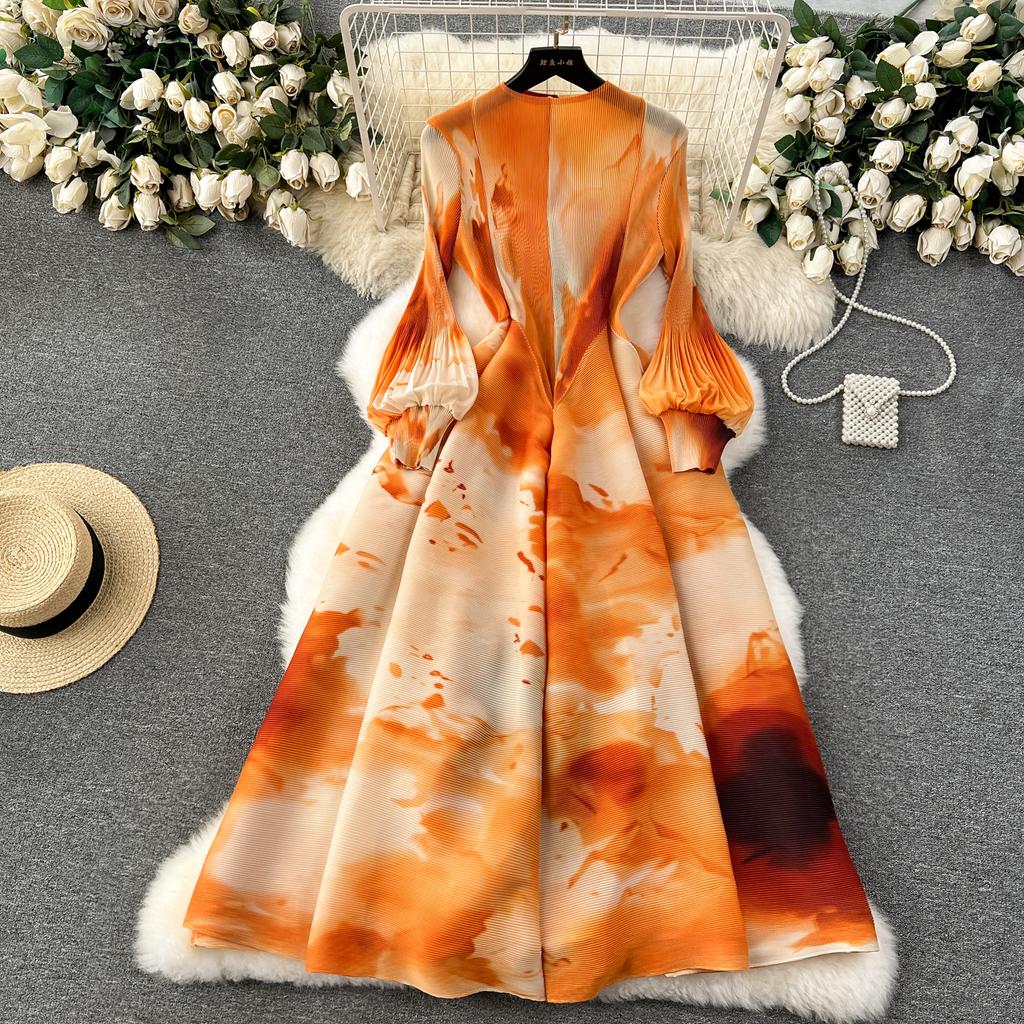 French Senior Temperament Luxury Dress Ladies 2024 Newest O-Neck Ruched Print Tie Dye Design Fashion Chic Long Dress
