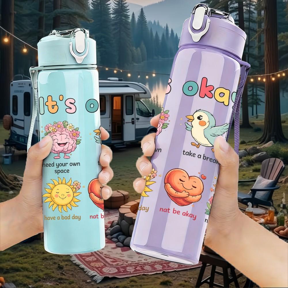 1PC It's Okay To Not Be Okay Quote Print 750ml Color Plastic Sports Water Bottle Leakproof Flip Straw Lid Suitable for Sports Office Home Use
