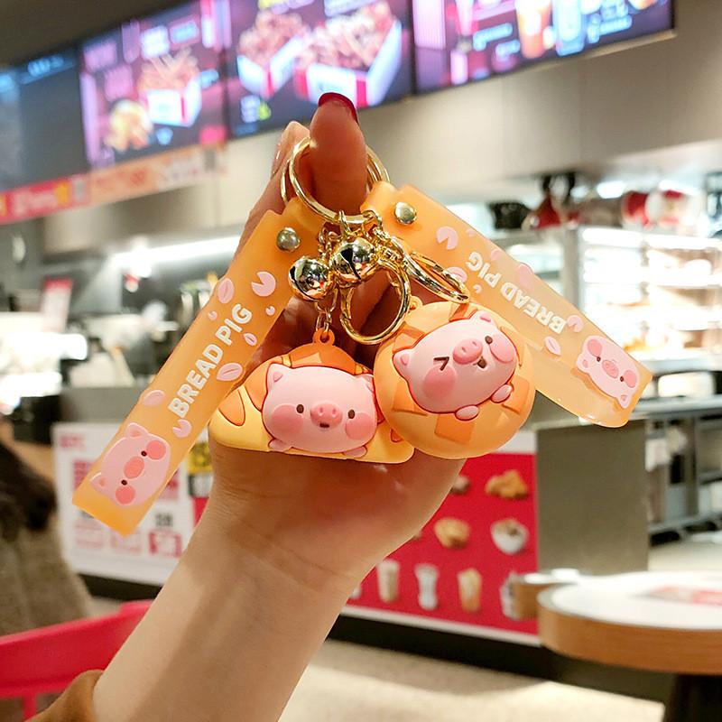 Adorable Cartoon Bread Pig Keychain Creative Soft Silicone Bag Charm For Car Keys