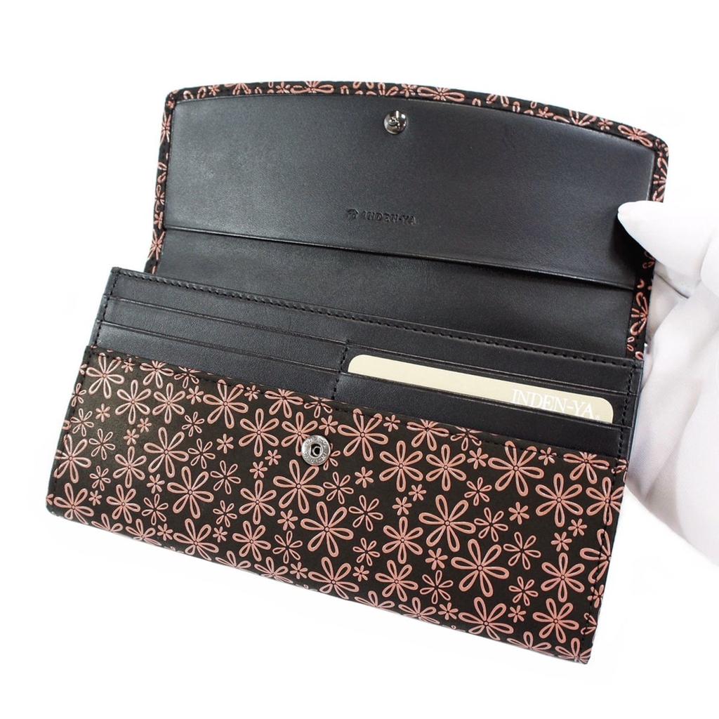 Inden Long Bundle Large Black X Pink Snow Grass Pattern [Indenya] Wallet, S, Capacity, Deerskin, Lacquer, 2310-51-160