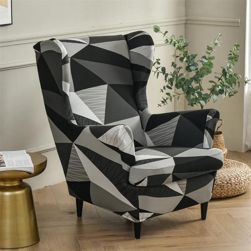 Flowers Printed Wing Chair Cover Stretch Spandex Armchair Covers Nordic Removable Relax Sofa Slipcovers with Seat Cushion Covers