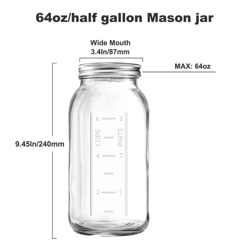 64oz Wide Mouth Glass Jar - Airtight Canning for Fermenting, Pickling - Heavy-Duty Storage, Half Gallon/2 Quart