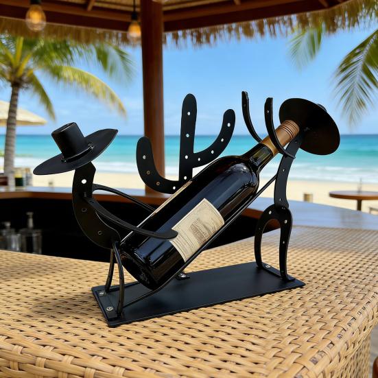 Wine Bottle Holder Cowboy Cactus Silhouette Rustic Southwestern Metal Wine Rack Tabletop Stable Storage Organizer Dining Room Western Decor
