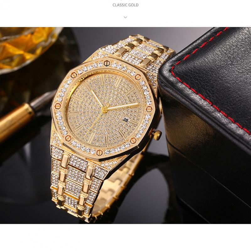 Luxury Men's Quartz Watch Diamond Encrusted Casual Male Business Wristwatch Alloy Steel Band Starry Sky Dial Calendar Function